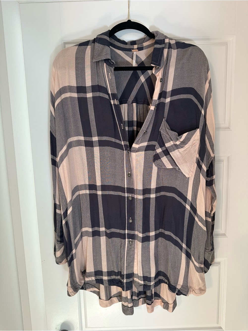 Free People Oversized Plaid Button-Up Shirt in Pink and Navy